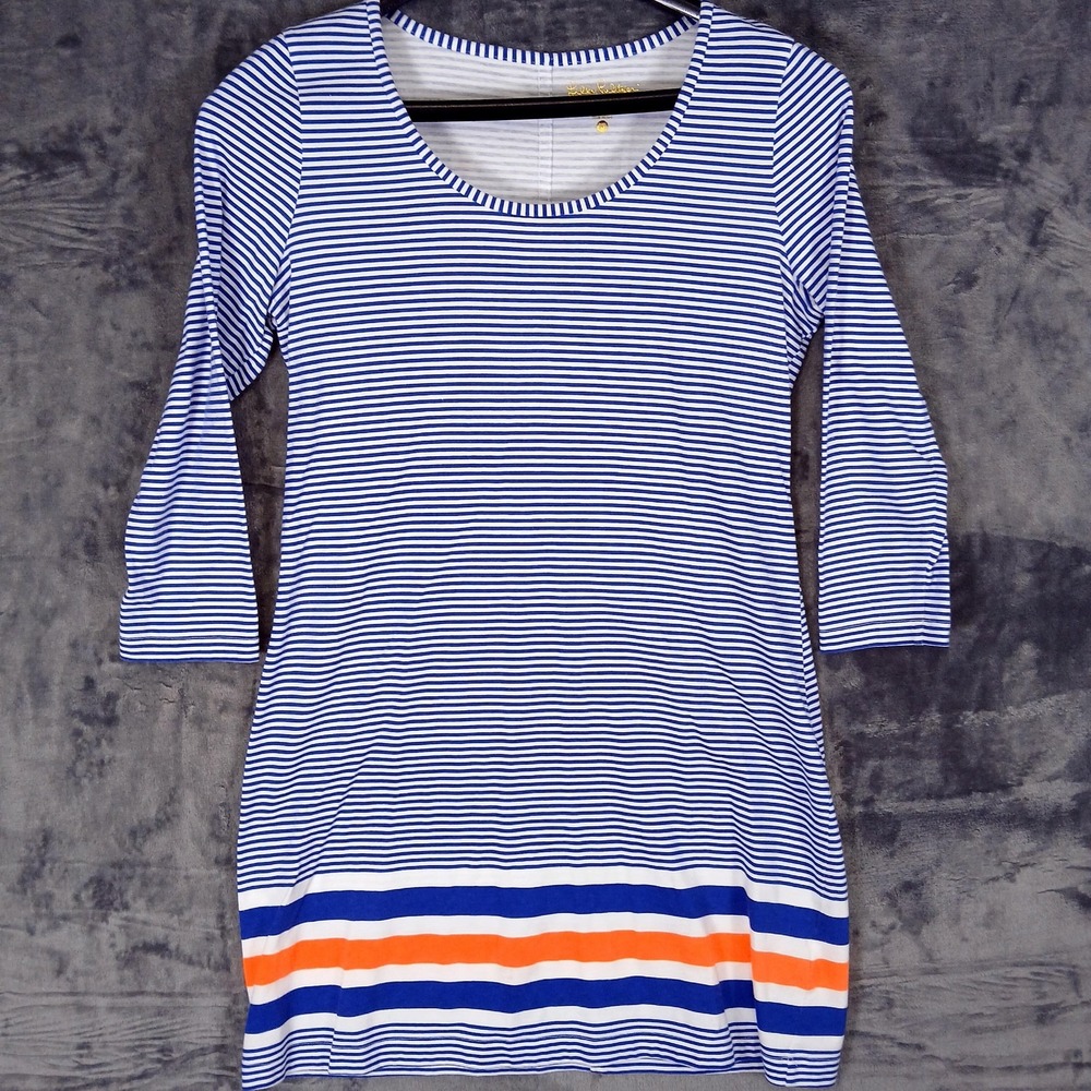 Lilly Pulitzer Dress‎ Womens Medium Blue White Stripe 3/4 Sleeve Knit Cotton